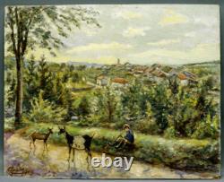 Tableau vers 1930/1950 Jeune chevrier devant un village signature