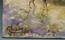 Tableau vers 1930/1950 Jeune chevrier devant un village signature