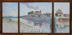 Tableau ville de Mayenne Château et Basilique vers 1930, grand triptyque peinture
