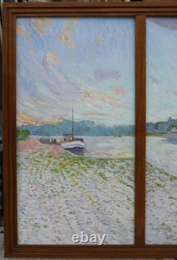 Tableau ville de Mayenne Château et Basilique vers 1930, grand triptyque peinture