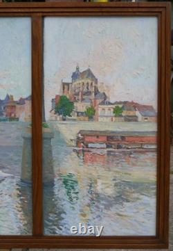 Tableau ville de Mayenne Château et Basilique vers 1930, grand triptyque peinture