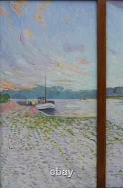 Tableau ville de Mayenne Château et Basilique vers 1930, grand triptyque peinture