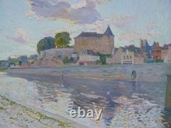 Tableau ville de Mayenne Château et Basilique vers 1930, grand triptyque peinture