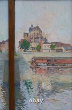 Tableau ville de Mayenne Château et Basilique vers 1930, grand triptyque peinture