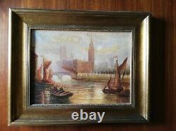 Tableau vue de Venise paysage marin animé huile sur toile encadré signé