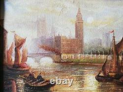 Tableau vue de Venise paysage marin animé huile sur toile encadré signé