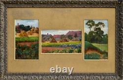 Tableaux anciens, Trois huiles de paysage daté 1909, signature a déchiffré