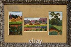 Tableaux anciens, Trois huiles de paysage daté 1909, signature a déchiffré