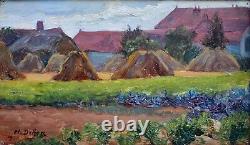 Tableaux anciens, Trois huiles de paysage daté 1909, signature a déchiffré