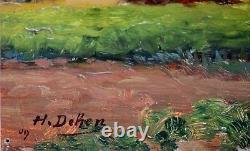 Tableaux anciens, Trois huiles de paysage daté 1909, signature a déchiffré