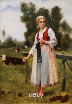 Th. LEPAGE tableau huile portrait jeune femme paysanne champs vache Jules BRETON
