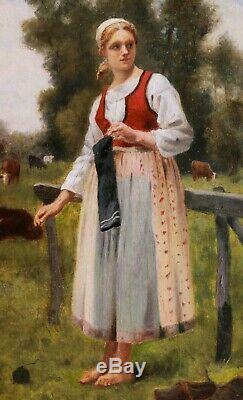 Th. LEPAGE tableau huile portrait jeune femme paysanne champs vache Jules BRETON