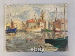 Très Belle Peinture Huile sur carton Martigues Mer Méditerranée bateau peche art