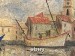 Très Belle Peinture Huile sur carton Martigues Mer Méditerranée bateau peche art