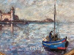 Très Belle Peinture Huile sur carton collioure Mer Méditerranée bateau peche art