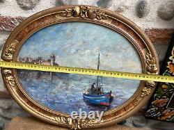 Très Belle Peinture Huile sur carton collioure Mer Méditerranée bateau peche art