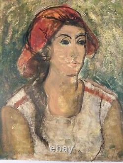 Très Belle Peinture Huile sur panneau bois femme portrait 1950 Expressionnisme