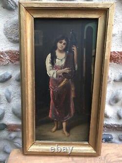 Très Belle Peinture femme portrait orientaliste sur panneau de bois signé Gerard