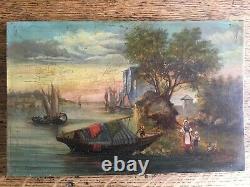 Très ancien tableau huile sur bois, thème pêche et bateaux