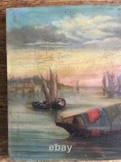 Très ancien tableau huile sur bois, thème pêche et bateaux