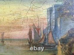 Très ancien tableau huile sur bois, thème pêche et bateaux