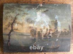 Très ancien tableau huile sur bois, thème pèche et pause pipi