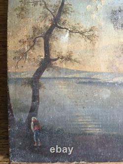 Très ancien tableau huile sur bois, thème pèche et pause pipi