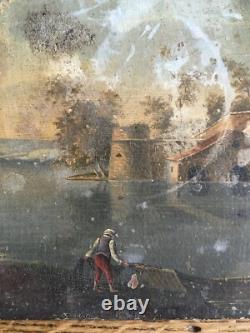 Très ancien tableau huile sur bois, thème pèche et pause pipi