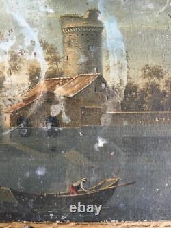 Très ancien tableau huile sur bois, thème pèche et pause pipi