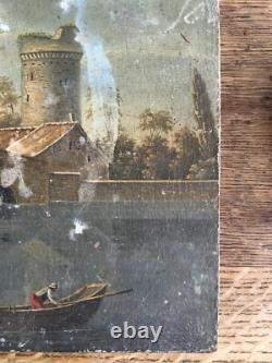 Très ancien tableau huile sur bois, thème pèche et pause pipi