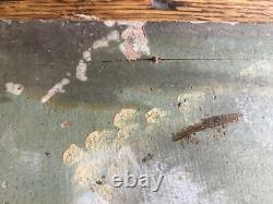 Très ancien tableau huile sur bois, thème pèche et pause pipi