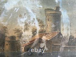 Très ancien tableau huile sur bois, thème pèche et pause pipi