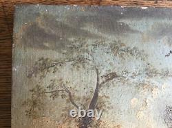 Très ancien tableau huile sur bois, thème pèche et pause pipi