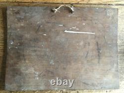 Très ancien tableau huile sur bois, thème pèche et pause pipi