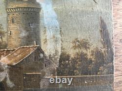 Très ancien tableau huile sur bois, thème pèche et pause pipi