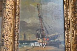 Très belle peinture Marine à l'huile XIXème sur bois, Signé par