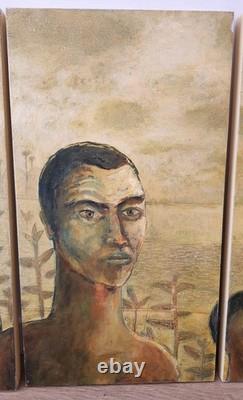 Triptyque original MANOU 2008, Peinture sur bois signée, Afrique