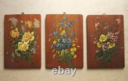 Trois belles huiles sur bois tableaux bouquets de fleurs Art Nouveau rose pensée