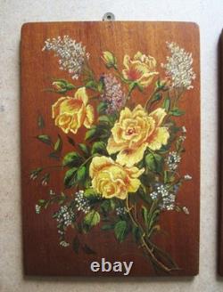 Trois belles huiles sur bois tableaux bouquets de fleurs Art Nouveau rose pensée