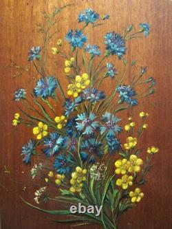 Trois belles huiles sur bois tableaux bouquets de fleurs Art Nouveau rose pensée