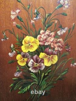 Trois belles huiles sur bois tableaux bouquets de fleurs Art Nouveau rose pensée