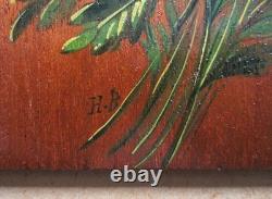 Trois belles huiles sur bois tableaux bouquets de fleurs Art Nouveau rose pensée