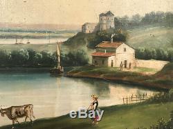Trumeau XIXe Huile sur toile représentant un paysage animé