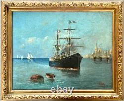 Venise, grand canal, bateau à vapeur, HST du XIXè, signée. 27x34 cm