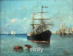 Venise, grand canal, bateau à vapeur, HST du XIXè, signée. 27x34 cm