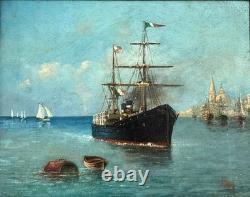 Venise, grand canal, bateau à vapeur, HST du XIXè, signée. 27x34 cm