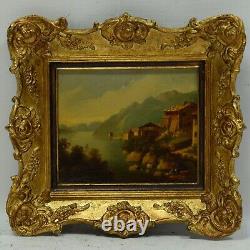Vers 1800-1850 Peinture à l'huile ancienne Paysage avec des bâtiments 32x30cm