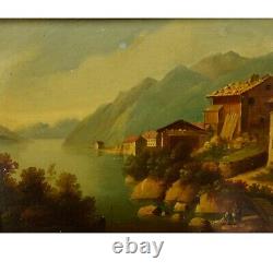 Vers 1800-1850 Peinture à l'huile ancienne Paysage avec des bâtiments 32x30cm