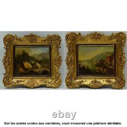 Vers 1800-1850 Peinture à l'huile ancienne Paysage avec des bâtiments 32x30cm