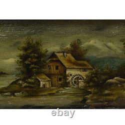 Vers 1880-1900 Peinture ancienne à l'huile paysage avec un moulin à eau 33x19 cm